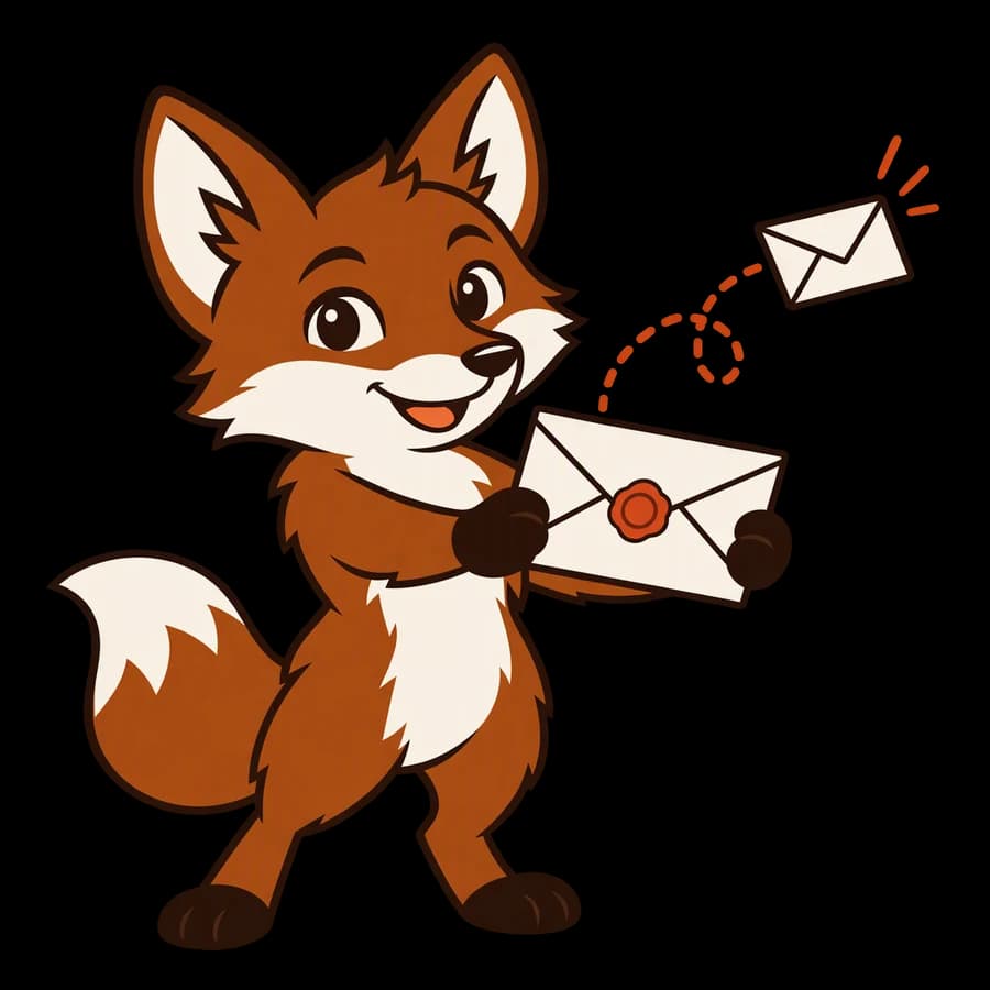 Warmi the fox holds out a sealed envelope, with a second envelope flying away on a dotted path