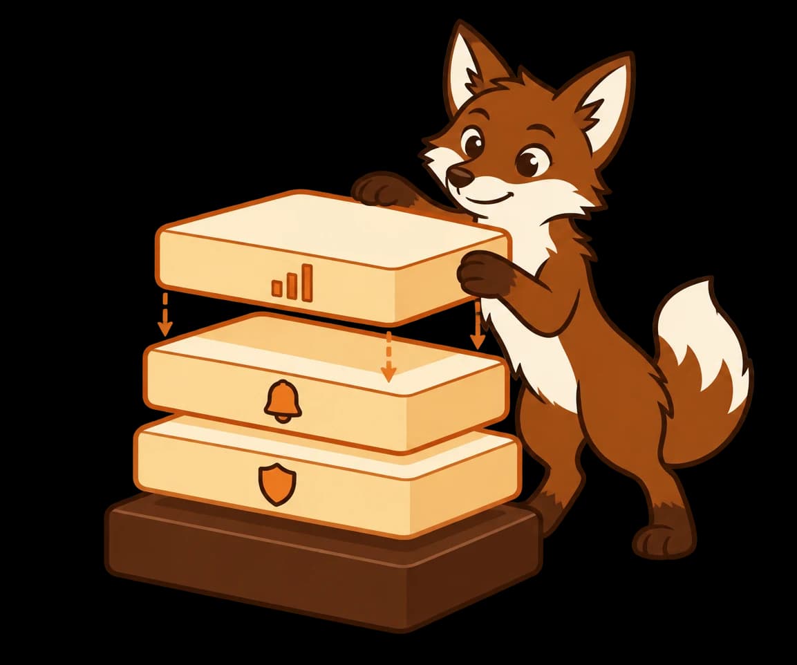 Warmi lowers a reporting layer onto a stack of alert and protection layers sitting on a sending engine