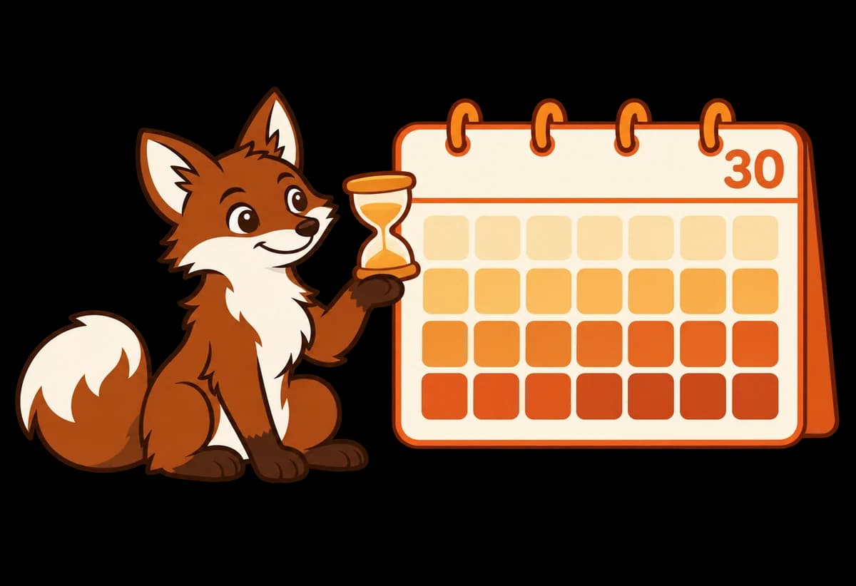 Warmi holds an hourglass beside a 30-day calendar that warms from pale gold to ember