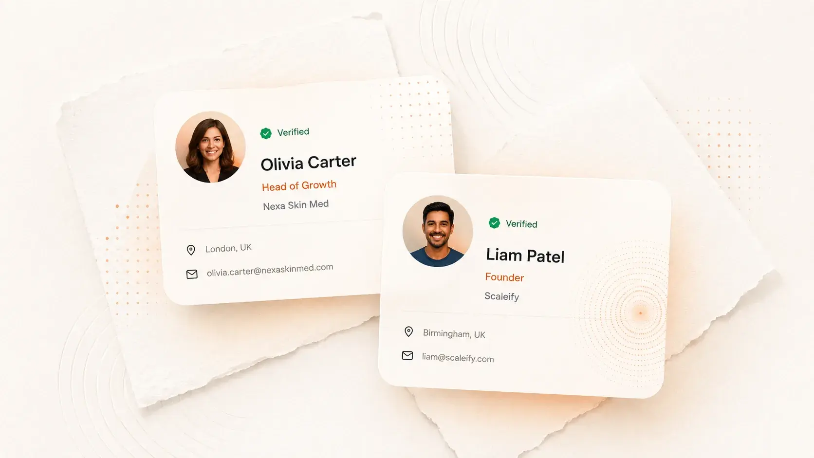 Two verified prospect contact cards showing name, role, company, location and confirmed email address