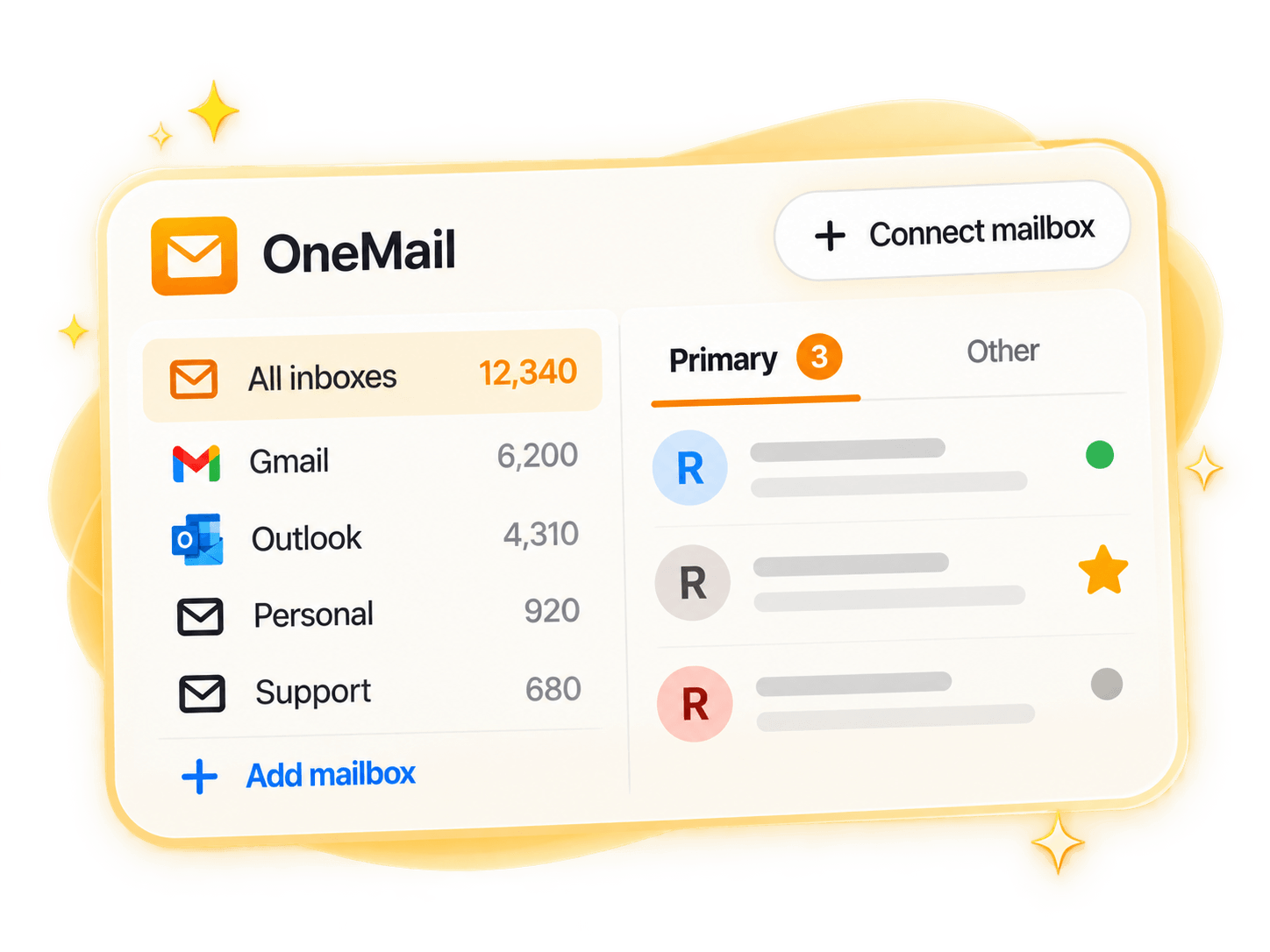 The OneMail unified inbox showing Gmail, Outlook and other mailboxes in one list