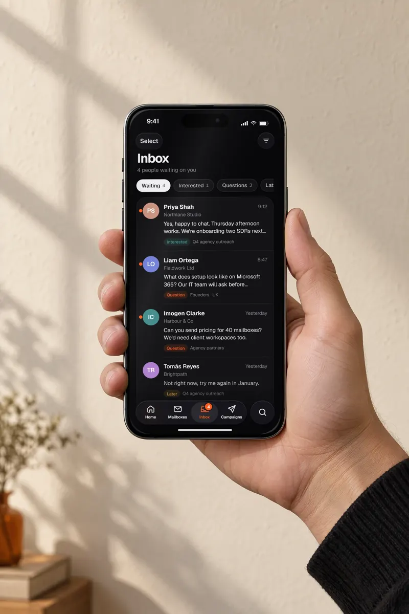 A hand holding a phone showing the Warmerly reply inbox, a design render with sample data