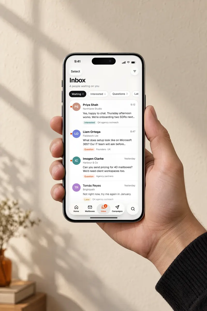 A hand holding a phone showing the Warmerly reply inbox, a design render with sample data