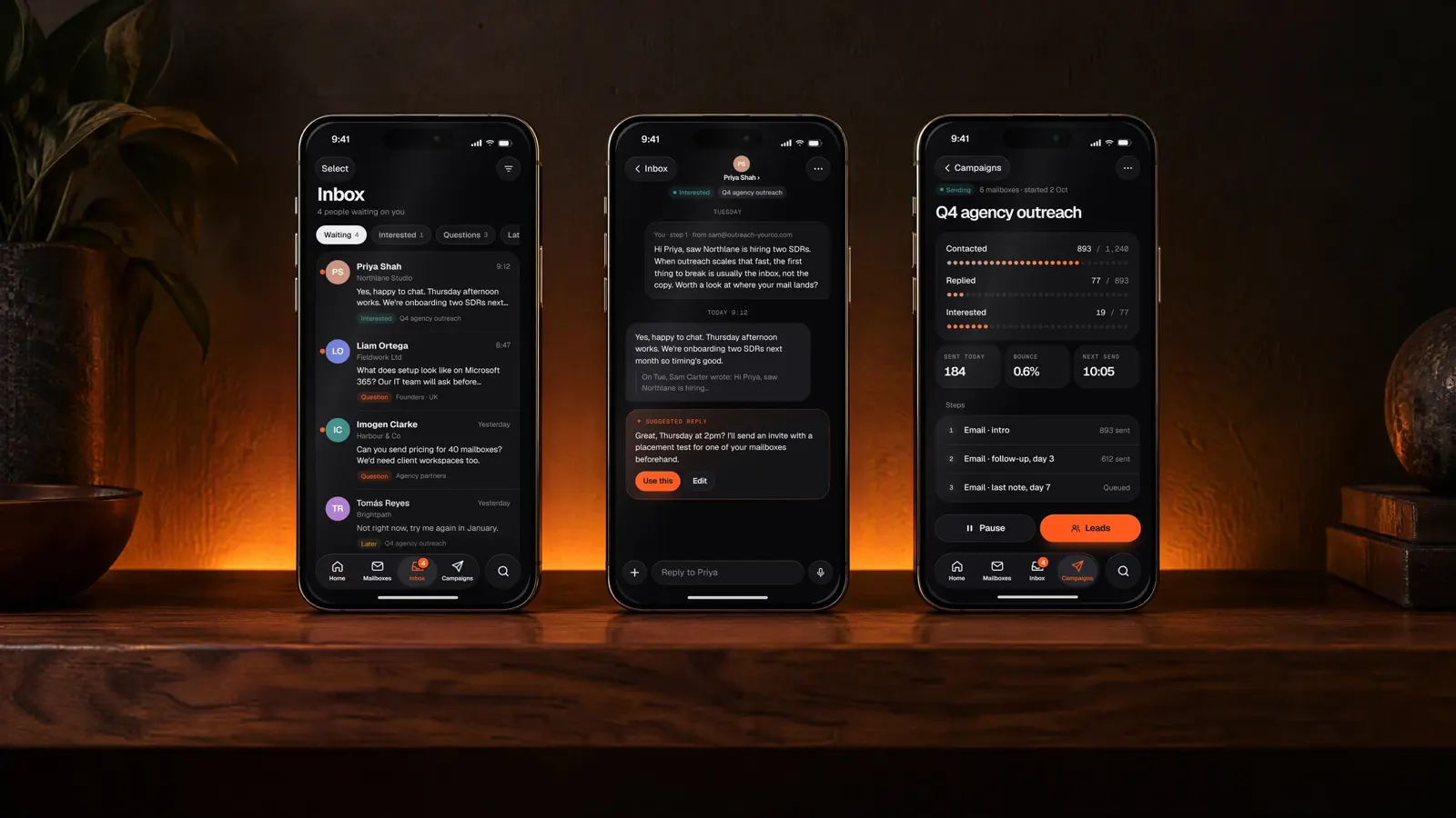 Three iPhone screens standing side by side: mailboxes, home and a placement result. Design renders with sample data.
