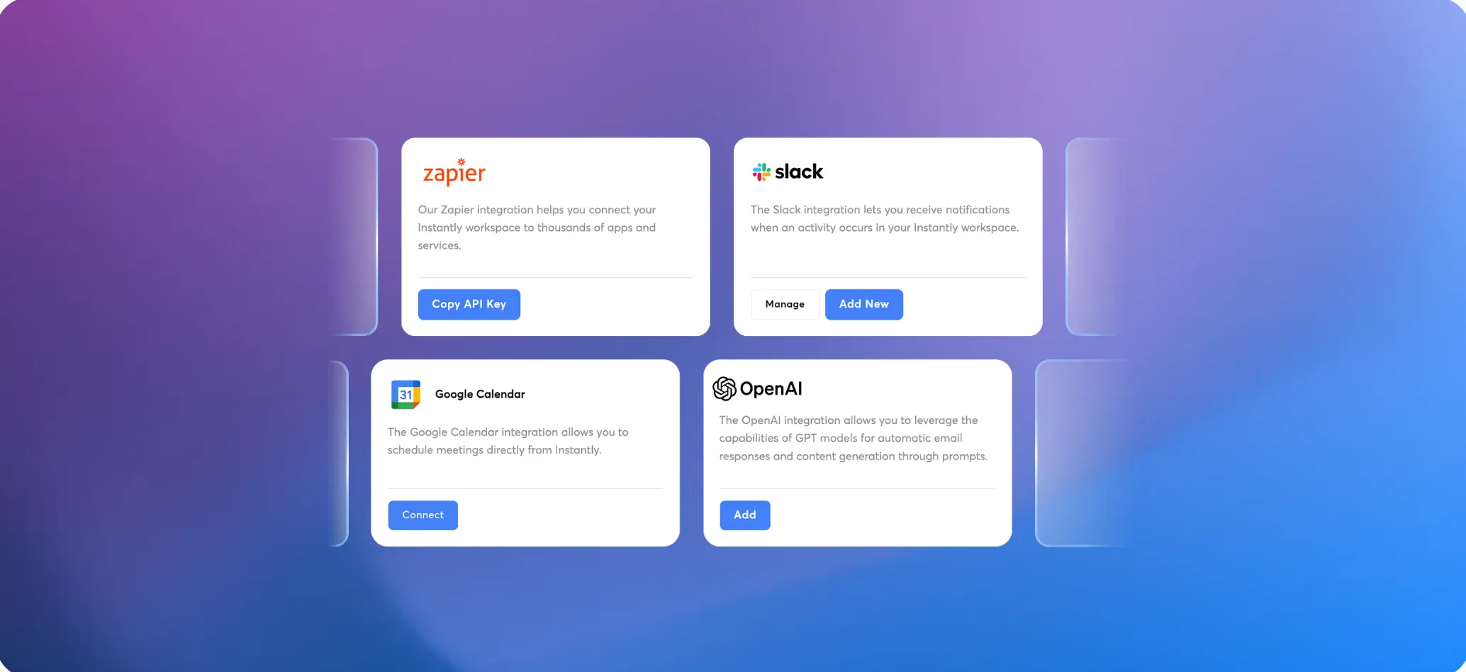 Integrations. Instantly's integrations screen, with a Copy API Key button for Zapier.