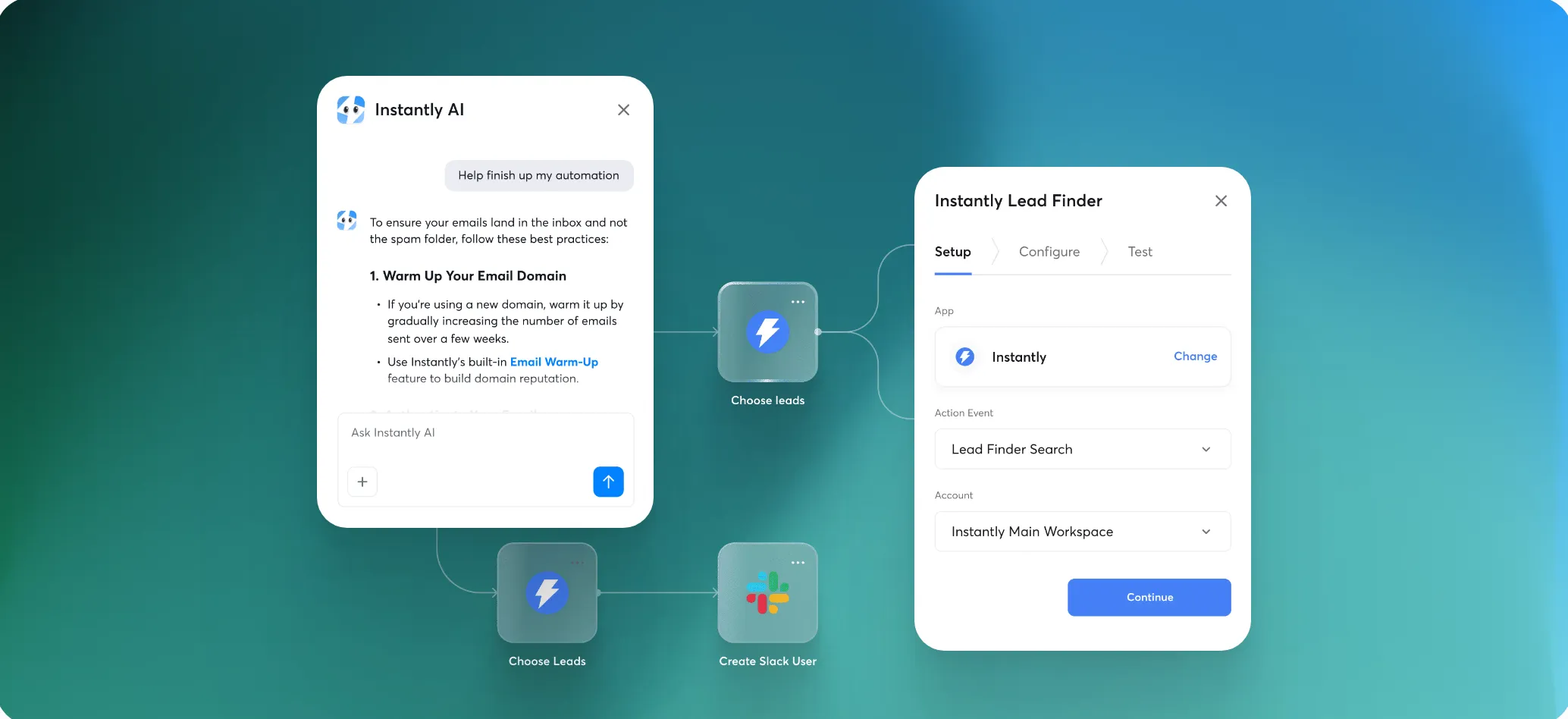 AI assistant and Lead Finder. Instantly's assistant sits next to its lead search and a visual automation flow.