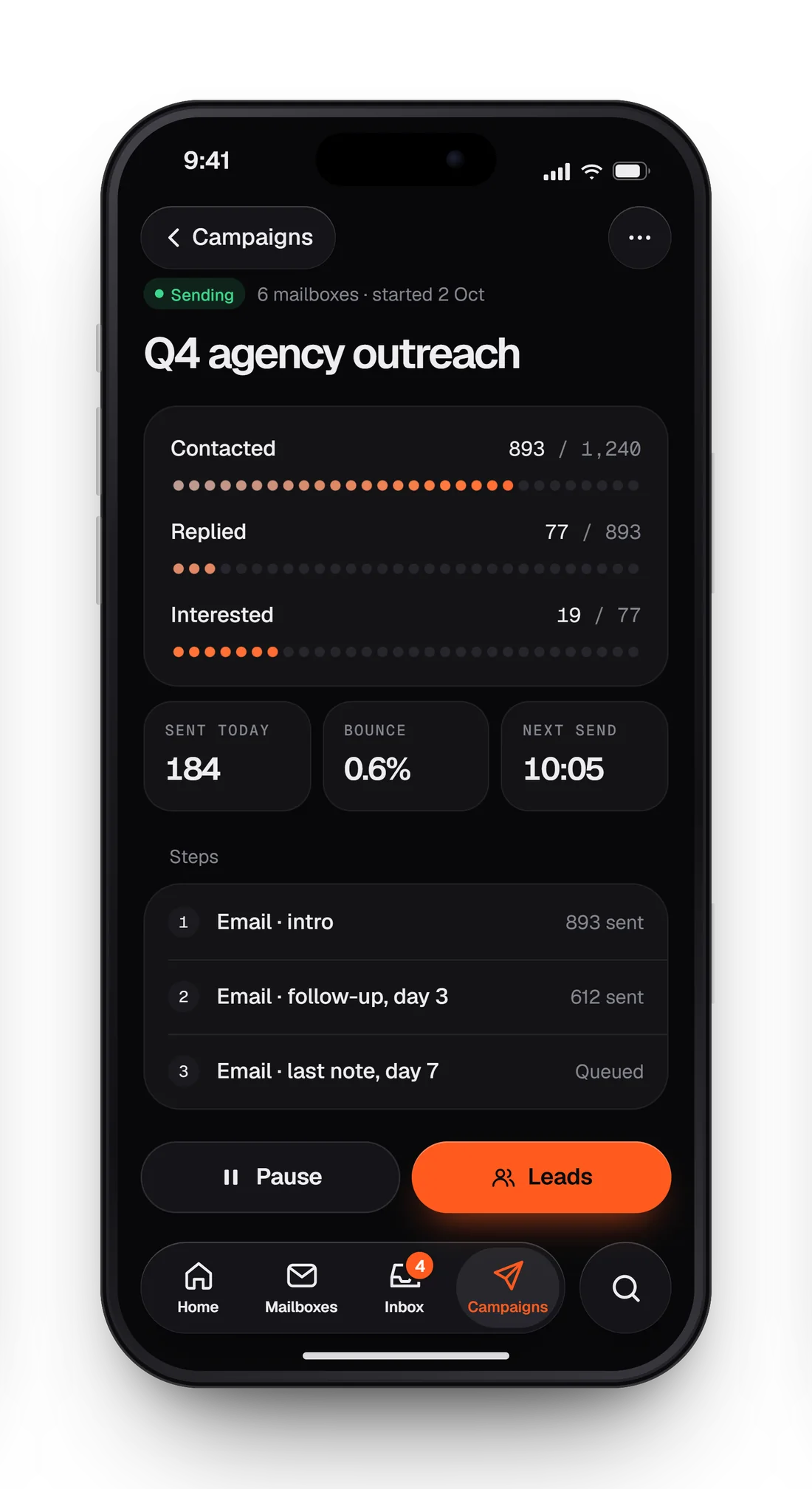 iPhone app design · campaign, dark theme