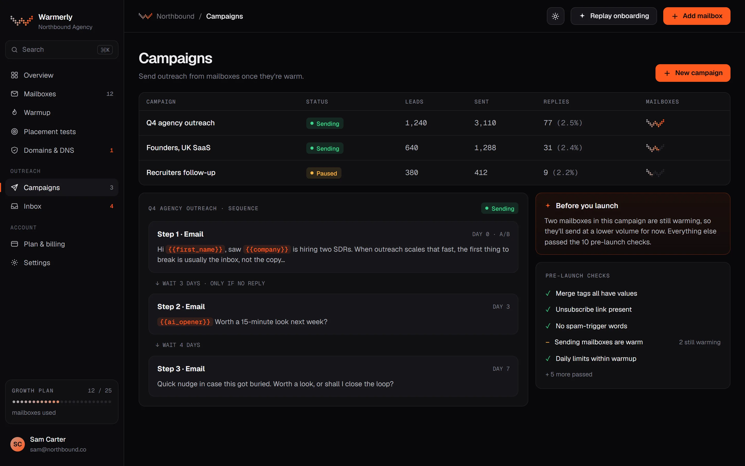 Warmerly Campaigns screen, dark theme