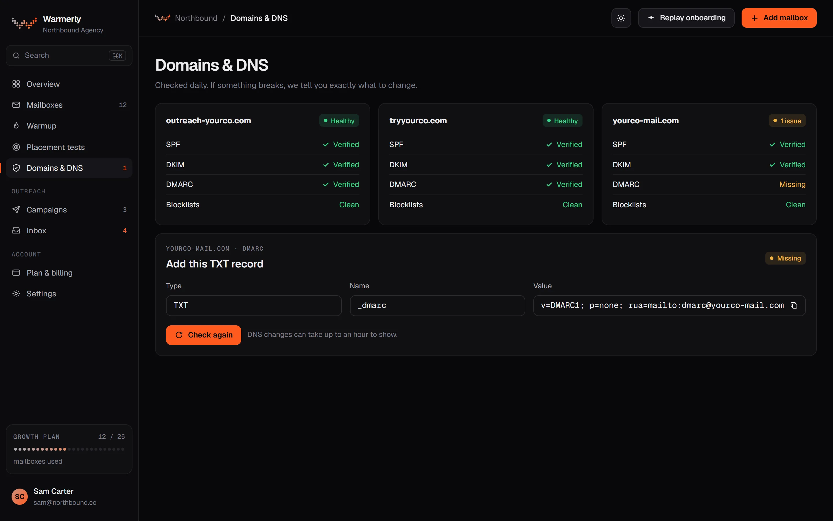 Domains and DNS, web app, dark theme