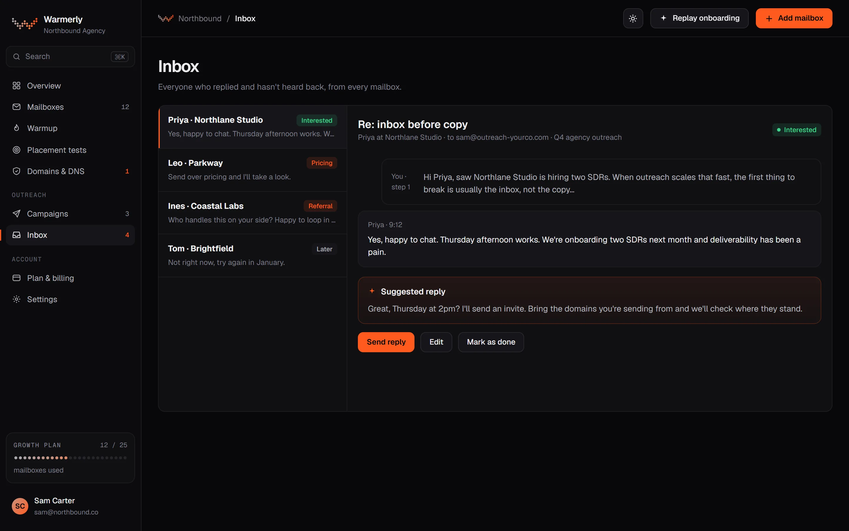 Warmerly Inbox screen, dark theme