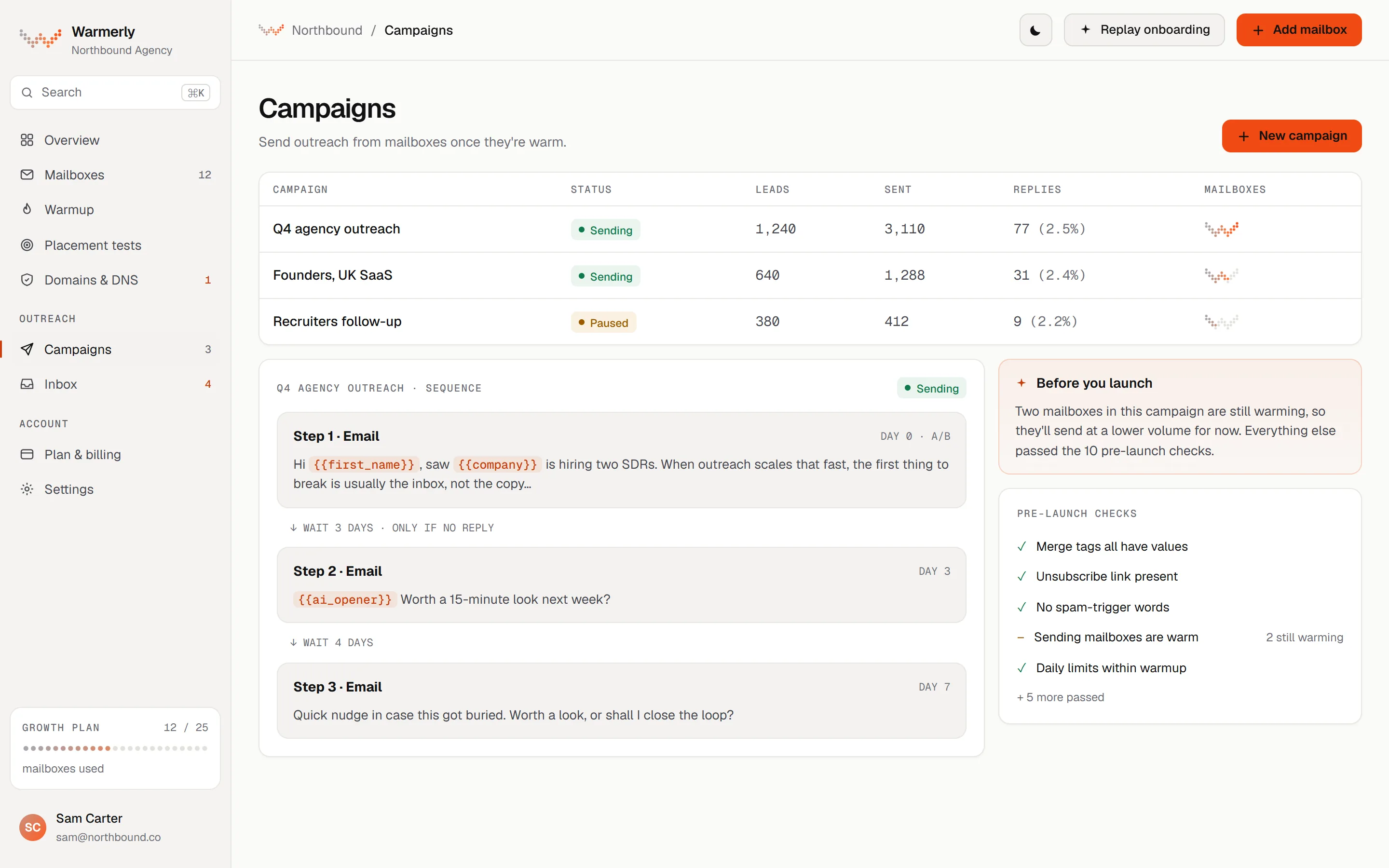 Warmerly Campaigns screen, light theme