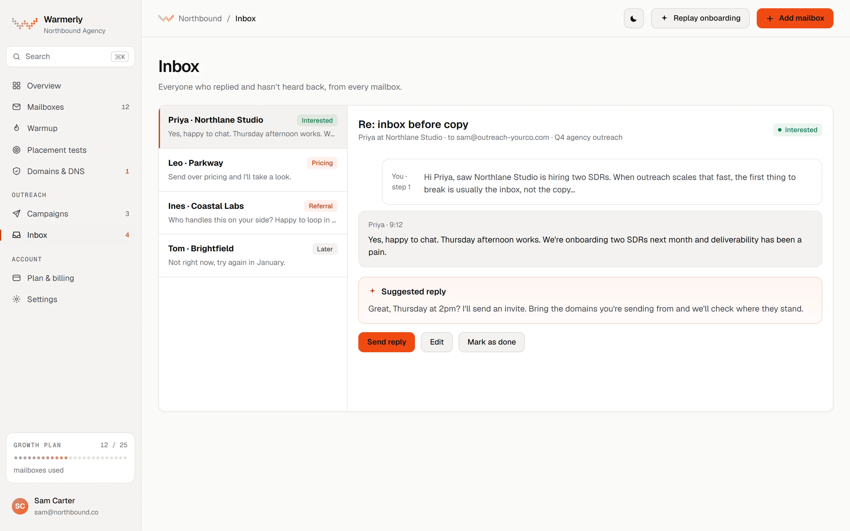 Warmerly Inbox screen, light theme