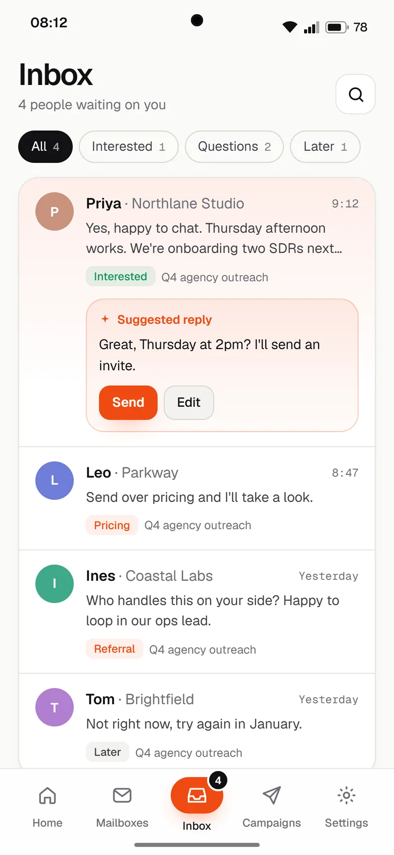 Android app design render: Reply inbox
